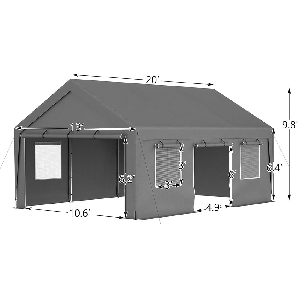 Garage carport with roll-up ventilation window, car shelter with side tarpaulin, suitable for cars, trucks, boats