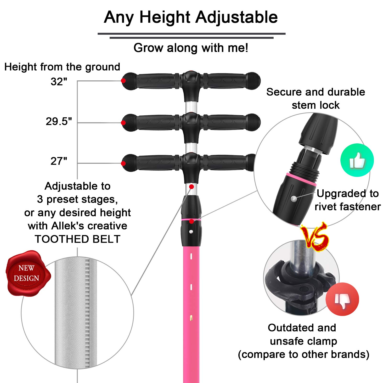 Allek Kick Scooter B03, Lean 'N Glide 3-Wheeled Push Scooter with Extra Wide PU Light-Up Wheels, Any Height Adjustable Handlebar and Strong Thick Deck for Children from 3-12yrs (Rose Pink)