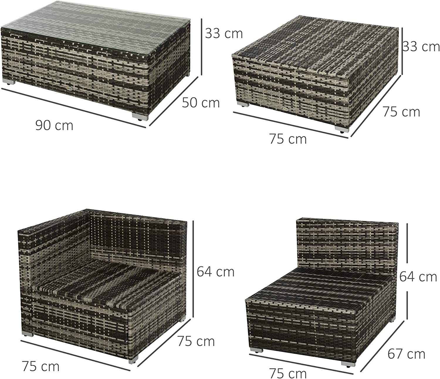 Outsunny 5PC Rattan Furniture Set Garden Outdoor Sectional Sofa Coffee Table Combo Patio Furniture Metal Frame w/Cushion Pillows Grey