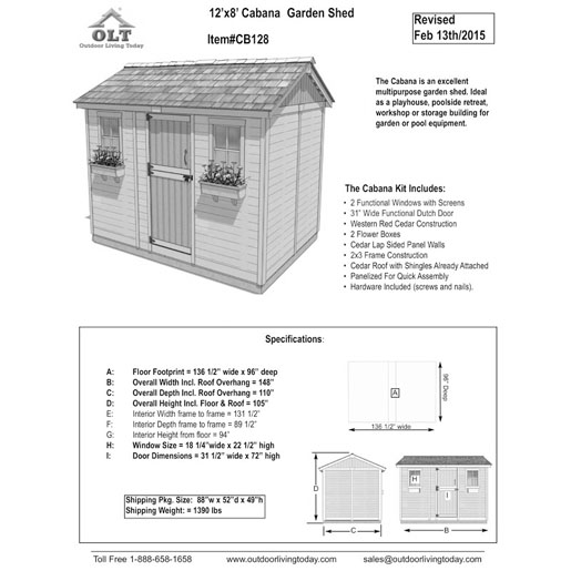 Cabana 12 ft. W x 8 ft. D Wood Storage Shed