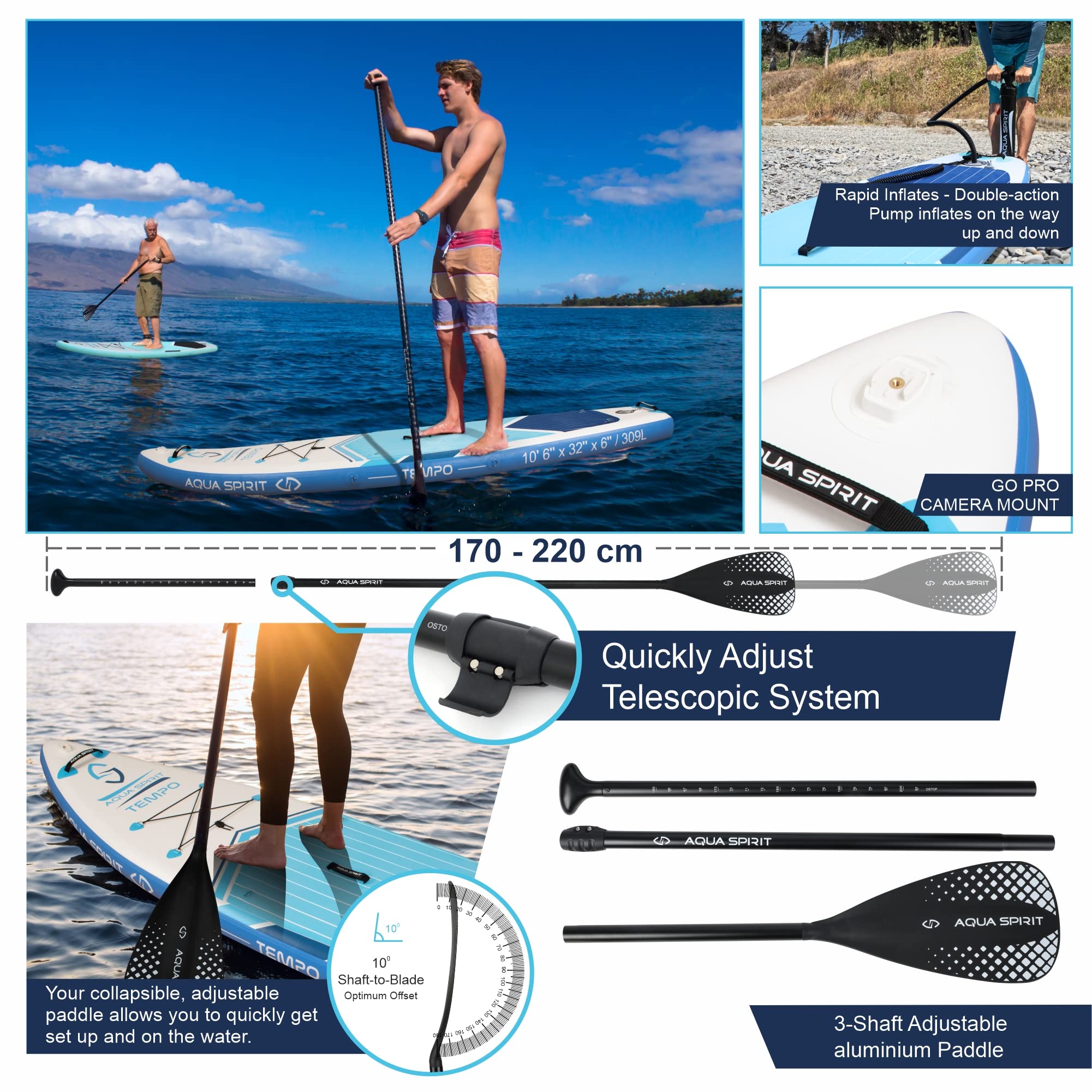 AQUA SPIRIT Inflatable Stand up Paddle Board SUP TEMPO Package | 10’6 x 32” x 6” | Adult Beginners/Experts | 120KG Limit | Paddle, Backpack, Pump, Go Pro Mount, Change Mat, Phone Case