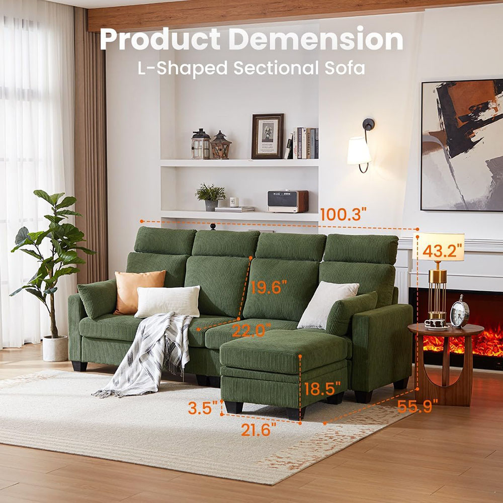 CHIC HOUSE Corduroy Sectional Couch with Ottoman Chaise, L Shaped 4-seat Sofa