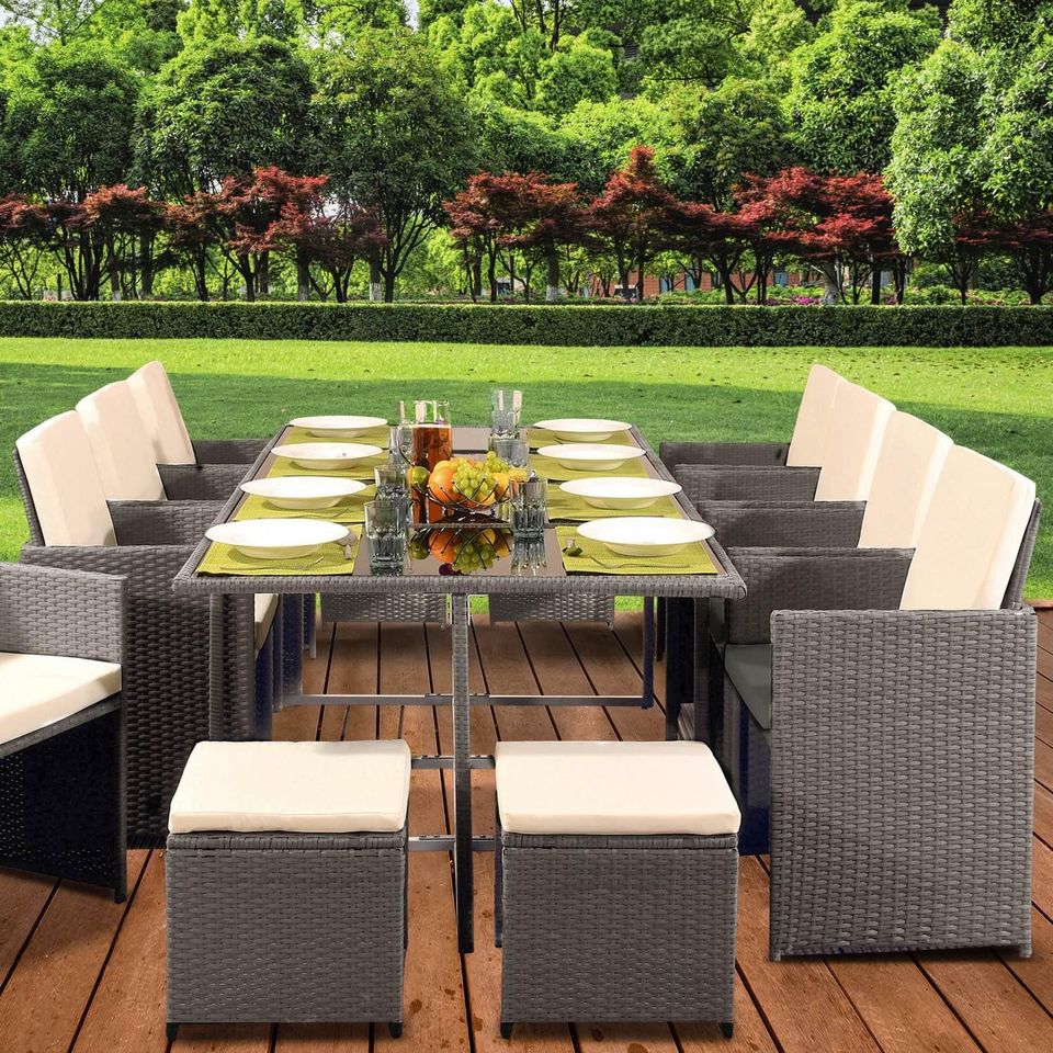 13 Piece Cube Rattan Garden Furniture Set - Light Grey