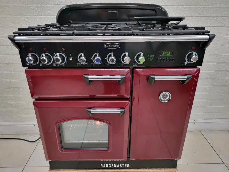 Rangemaster Classic Deluxe Dual Fuel Range Cooker Cranberry Red 90cm