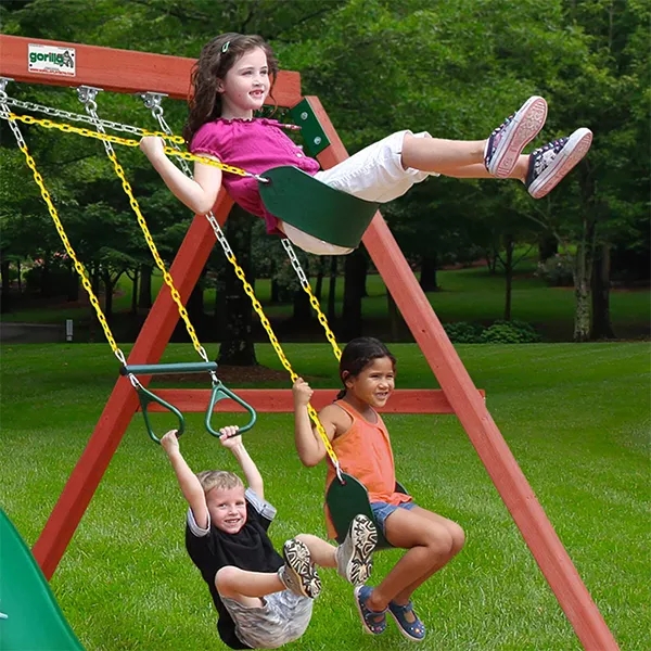 WOODEN SWING SET WITH WOODEN ROOF, TWO SWINGS, SLIDING