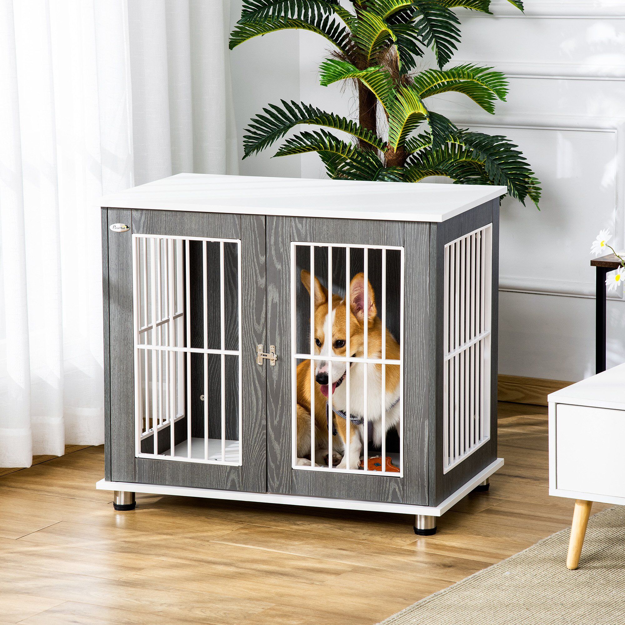 Pawhut Dog Crate, Wooden Pet Kennel Cage With Lockable Door And Adjustable Foot Pads, Modern Design, Grey And White