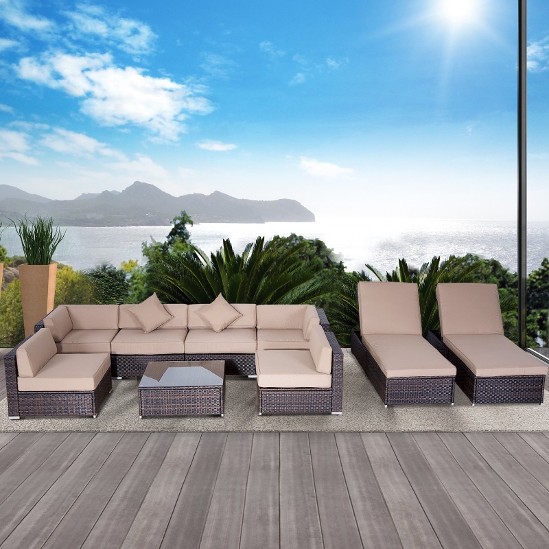 【Furniture】【BS】9 PCS Patio Outdoor Furniture Sets, Sectional Manual Weaving Wicker Conversation Sofa Set