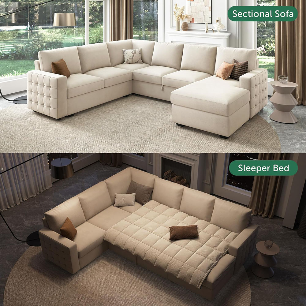 HONBAY Sleeper Sectional Sofa with Storage Chaise U Shaped Sectional Couch